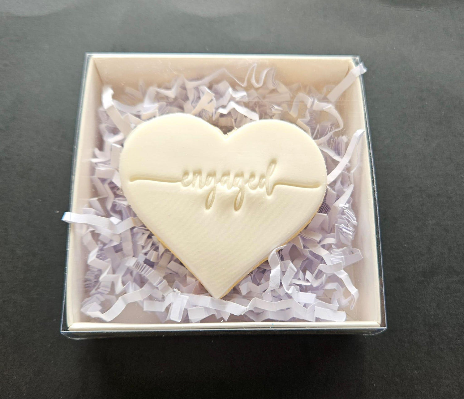 Engaged Heart Shaped Cookie in a Window Box.